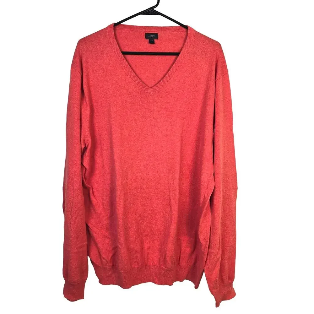 J Crew Men's Sweater XLT Orange Red Cotton Cashmere Blend V Neck Classic Preppy